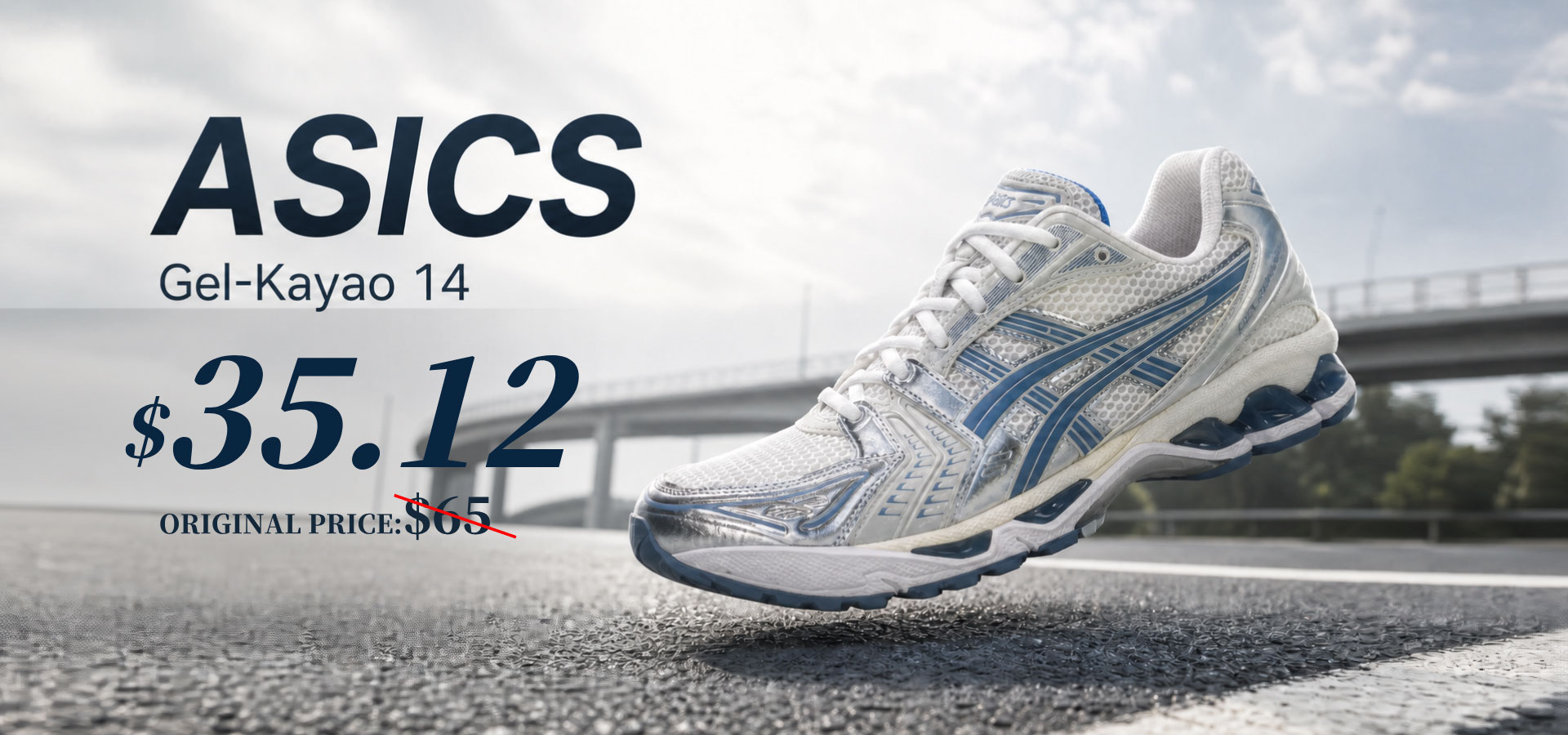 ASICS Gel-Kayano 14 sneaker promotional banner