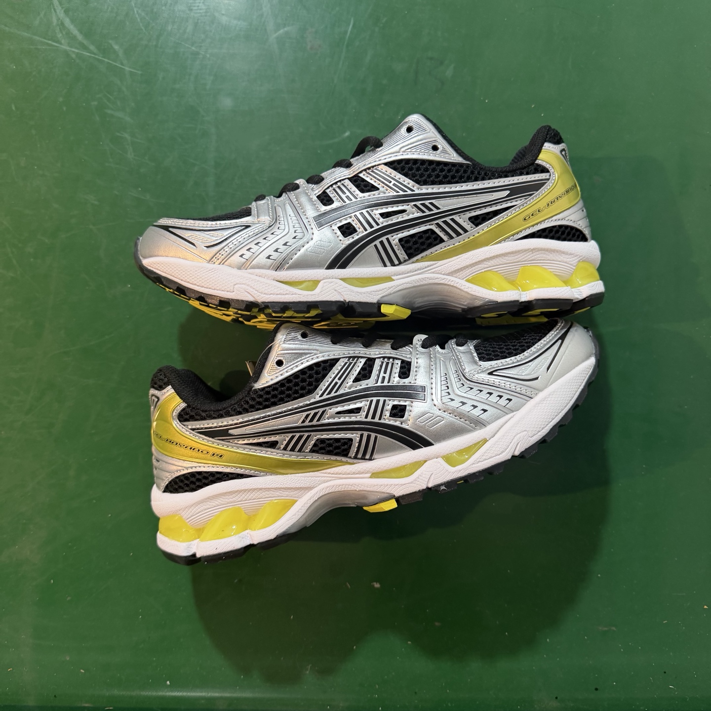 Asics Gel-Kayano 14 Black, Silver, and Green