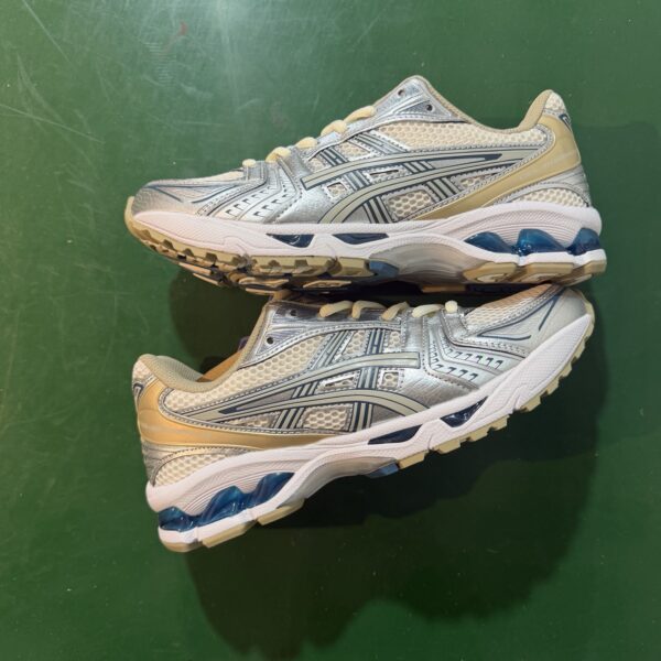 Asics Gel-Kayano 14 White, blue, and brown
