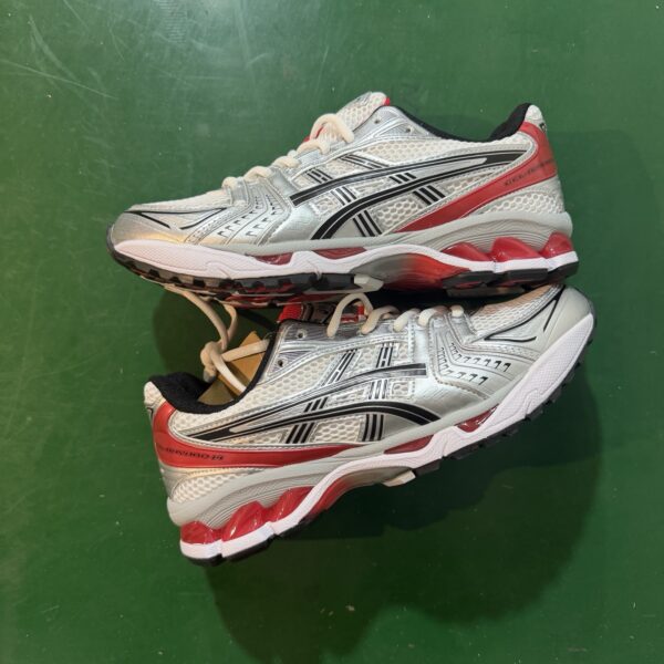 Asics Gel-Kayano 14 Red, white, and silver