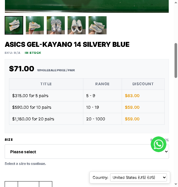 Product page with price and wholesale table